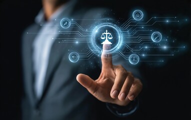 A businessman is interacting with a virtual screen displaying law and justice icons in a futuristic