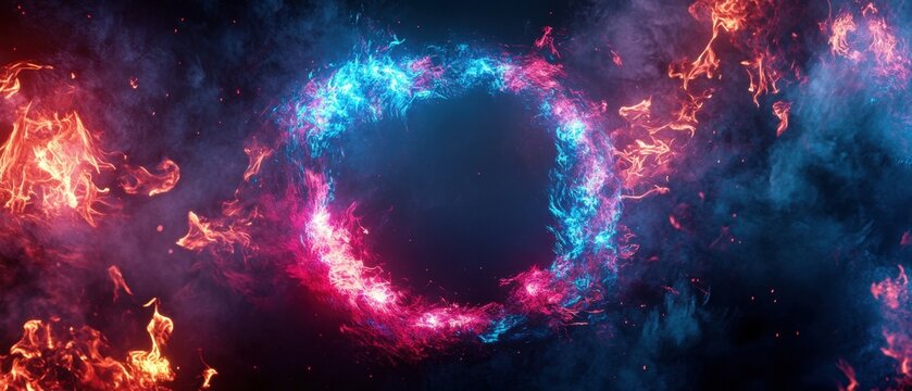 Abstract neon ring frame on a black background with blue-pink light effects and burning fire and smoke