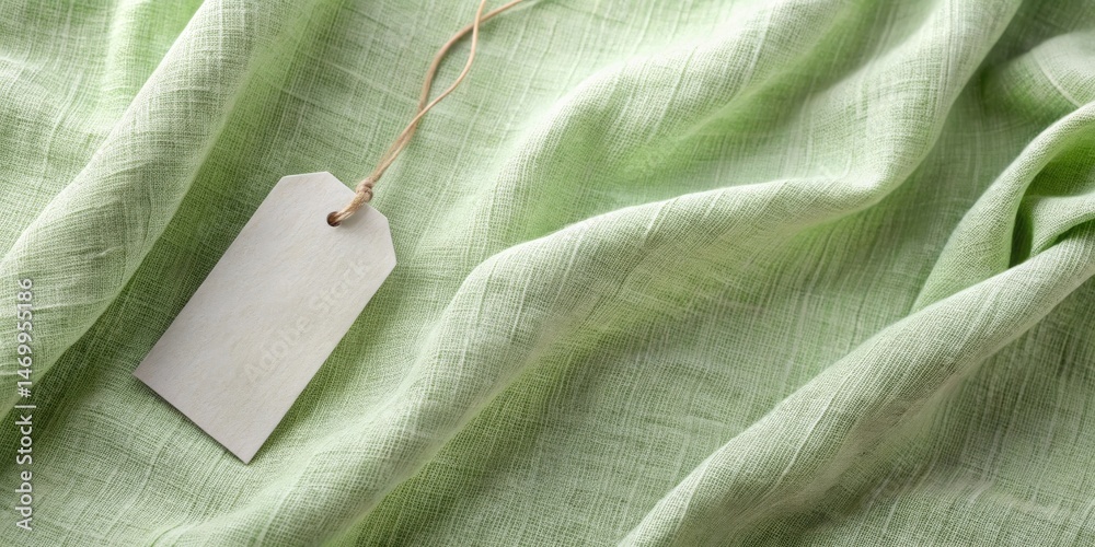 Poster Blank Tag on Soft Green Fabric Drapery A Textured Background for Design Projects