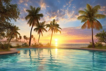 Infinity pool overlooking ocean with palm trees under clear blue sky, tropical outdoor daytime scene.