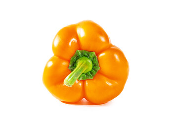 Fresh juicy shiny orange bell pepper isolated on white background.