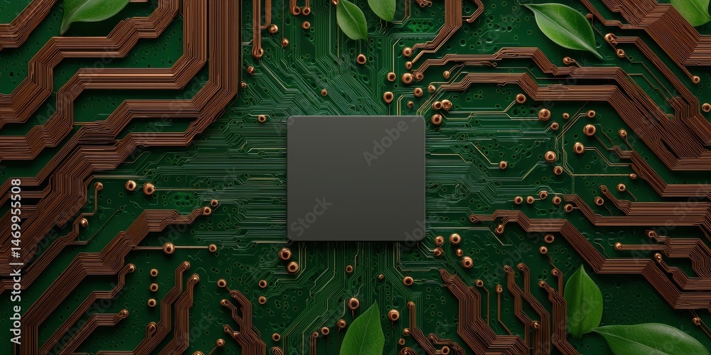 Poster a microchip on a green circuit board with copper lines and green leaves, representing eco-friendly t