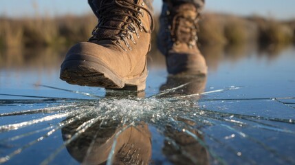 Fisherman’s foot on cracked thin ice at a frozen lake, highlighting the dangers of fishing in winter, risk of slipping, breaking through ice, the potential hazards of outdoor cold weather activities