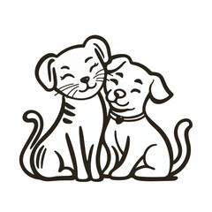Cuddling Cat And Dog Vector Illustration Represents Friendship And Togetherness In A Simple Doodle Style