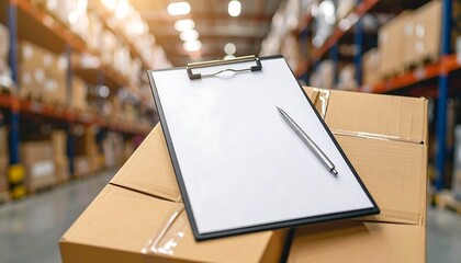 Blank Clipboard and Pen on Cardboard Boxes in Warehouse