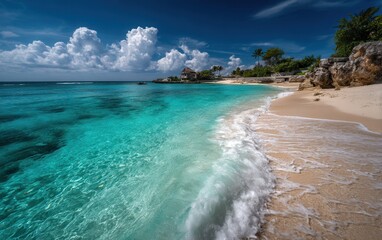 Ocean wave approaching sandy beach under clear sky during daytime, ideal for coastal and summer themes.