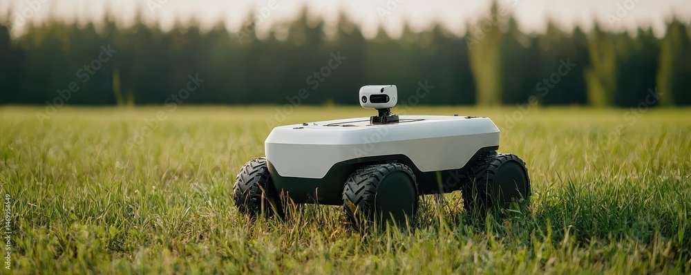 Poster A small four-wheeled robot with a camera navigates through a grassy field near a forest backdrop.