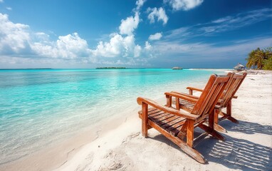 Two wooden chairs on a sandy beach facing calm ocean waters under a clear sky at daytime.