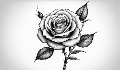 rose with leaf coloring image. Black and white line art of rose. rose tattoo