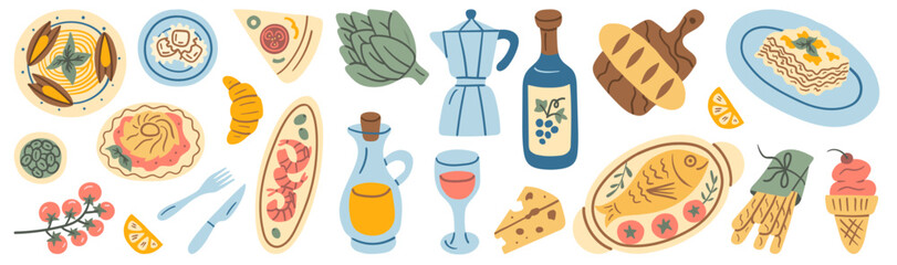 Colorful hand-drawn doodle of Italian cuisine with pasta, seafood, pizza, lasagna, olive oil, wine, cheese, coffee pot, and dessert on white background.