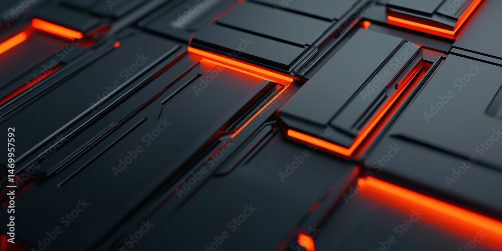 Poster sleek black geometric panels with glowing red-orange edges create a futuristic, high-tech abstract p