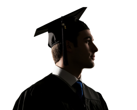 Graduation celebration of a young man in cap and gown on a transparent background, cut out