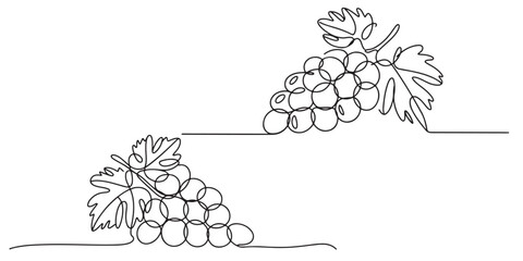 set of black Line Art Grape Bunches with Leaves, Single Line Drawing of Grapes with Leaf, Grapes in continuous line art drawing style, 