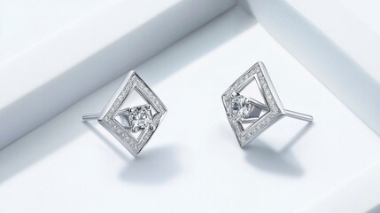 Fototapeta premium A glamorous pair of diamond ear studs featuring a unique geometric design, positioned on a smooth white backdrop to emphasize their modern aesthetic.