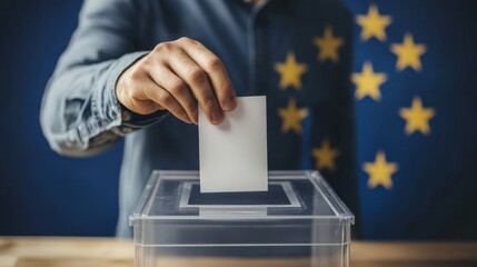 Man placing ballot in transparent box, European Union flag in background, symbolizing democratic voting in EU elections
