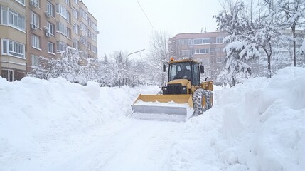 Snowplow Clearing Snow from City Street During Heavy Snowfall in Winter