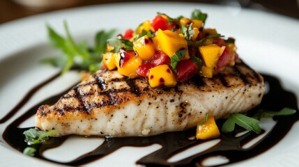 A gourmet fish steak topped with mango salsa, served on a stylish plate with a drizzle of balsamic reduction, capturing a contemporary dining experience.