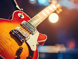 Obraz premium Close-up of a vibrant electric guitar on stage.