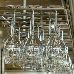 Group of wine glasses hanging upside down above a bar rack in pub or restaurant. Glasses for wine on a bar with serving items.
