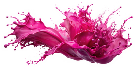 A vibrant splash of pink paint creating dynamic shapes and textures, embodying energy and creativity through its fluid motion and striking color contrasts.