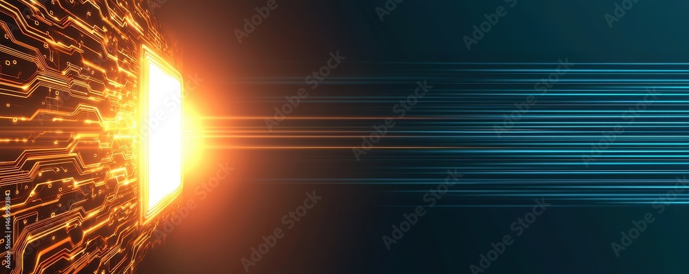Aufkleber A glowing microchip emits data streams, symbolizing high-speed digital technology and data transfer.