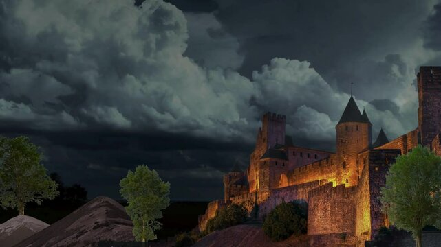 An animated scene of the night atmosphere with clouds drifting along the wind and lightning flashing in the sky near a castle surrounded by mountains and trees.