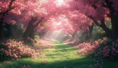 A sunlit path lined with blossoming pink trees