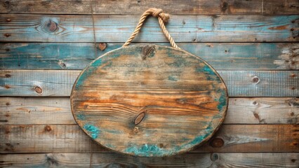 Rustic Wooden Circle Sign Hanging on Weathered Planks Ideal for Vintage Advertisement or Message Display