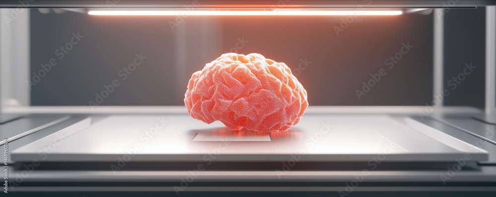 Aufkleber a brain model is being 3d printed, illuminated by a warm light inside a modern 3d printer.