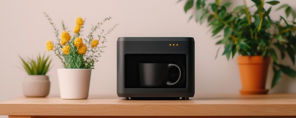 Fototapeta premium A compact black coffee machine with a mug sits on a wooden table, surrounded by potted plants in a cozy indoor setting.