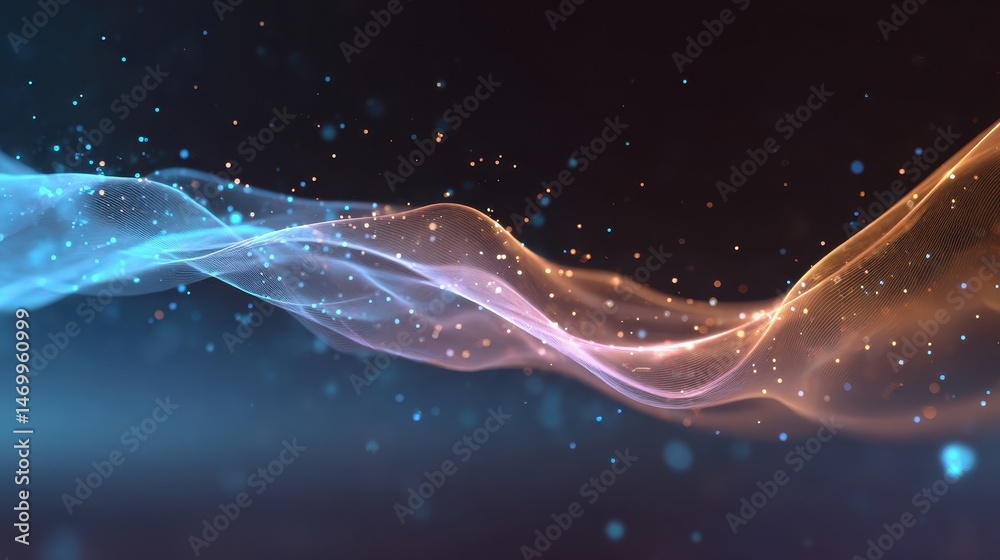 Poster abstract waves of light and particles in blue and orange tones, creating a dynamic and ethereal visu