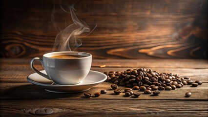 Aromatic Steaming Cup of Coffee on Rustic Wooden Surface with Roasted Beans