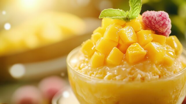 Close up of mango pudding bingsu with a blurred background Sweets and desserts in South Korean style high in calories and sugar Suitable for background wallpaper copyspace and menu listings