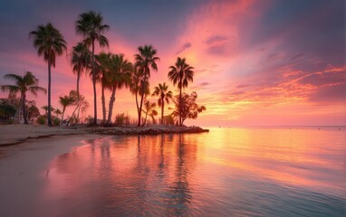 Obraz premium Aerial view of a tropical beach with palm trees at sunset, warm orange sky, and calm ocean waves.