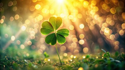 A radiant four-leaf clover basks in the warm glow of a sunlit meadow, a symbol of hope and good fortune emerging from the vibrant green foliage.