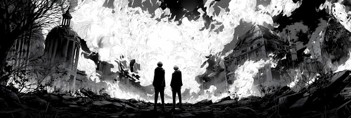 Epic Anime Manga Illustration of a Giant Fire God in a Fiery Battle