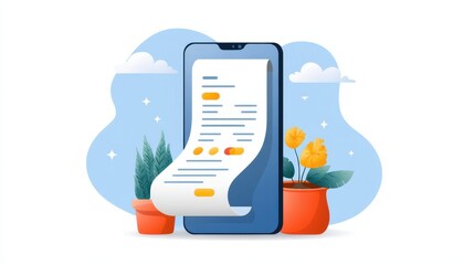 Digital illustration of a smartphone displaying a document, surrounded by potted plants and a blue sky with clouds.