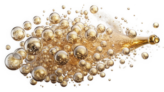 A dynamic burst of golden bubbles escaping from a champagne bottle, creating a festive and celebratory mood. The varying sizes of bubbles add a sense of movement and richness.