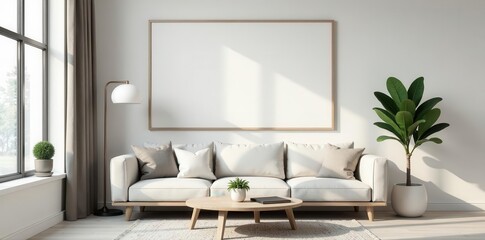 Minimalist living room, large empty frame above sofa, wall, blank, condo