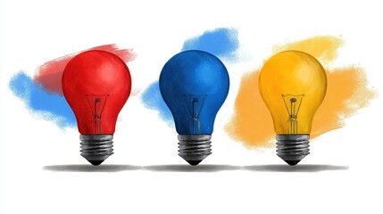 Colorful Lightbulbs with Paint Splatter on White Background