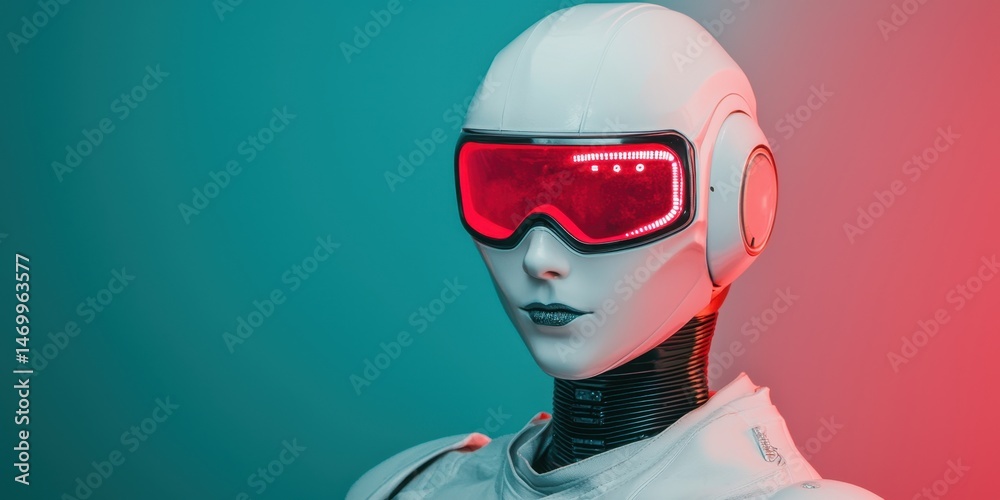 Poster Futuristic humanoid robot with red visor, set against a teal and red gradient background.