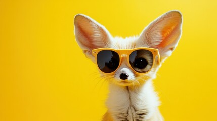 Cute fennec fox wearing stylish sunglasses on yellow background. Fashionable banner with place for text, conveying vibe of creativity and fun, for advertising and social media