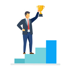 Businessman celebrating success holding golden trophy on a rising staircase