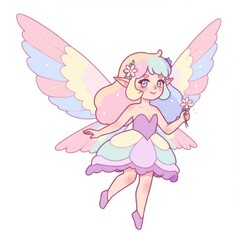 Pastel Fairy with Rainbow Wings and Flowers