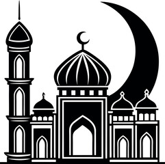 Elegant vector Silhouette of a mosque with domes and minarets, perfect for Ramadan, Eid, and Islamic celebrations.