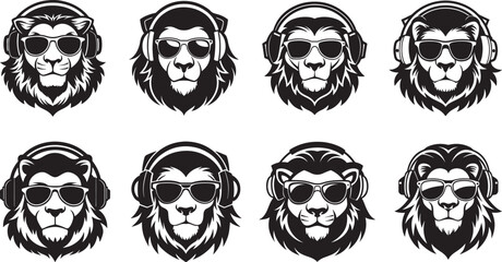set of lion with headphones and sunglasses silhouette, black and white silhouette, vector and illustration