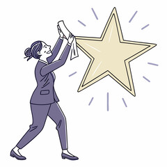 Businesswoman reaching for golden star achieving success and recognition concept vector illustration
