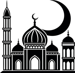 Elegant vector Silhouette of a mosque with domes and minarets, perfect for Ramadan, Eid, and Islamic celebrations.