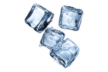 Four clear ice cubes flying in the air isolated on transparent background
