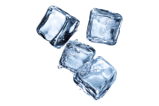 Four clear ice cubes flying in the air isolated on transparent background
